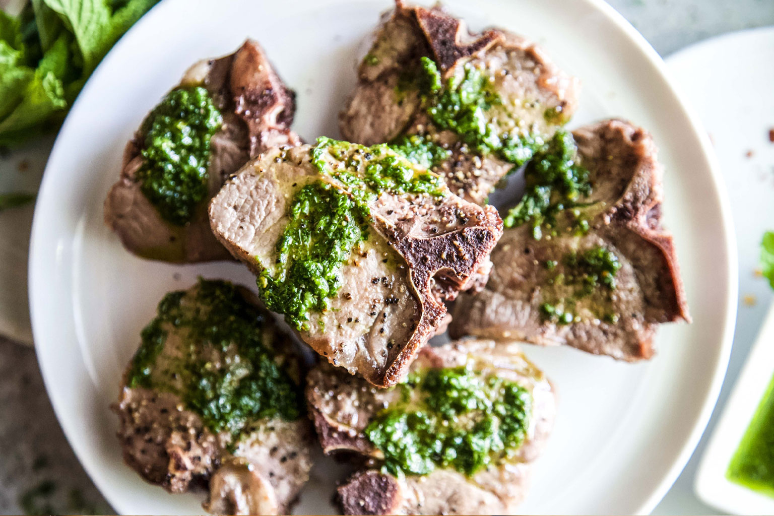 Seared American Loin Chops with Spinach Salsa Verde